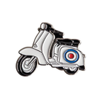 A pin badge depicting a retro-style moped scooter with a silver body, black seat, and white wheels. © Tigoli® 2026 All Rights Reserved Panda Loco Ltd 