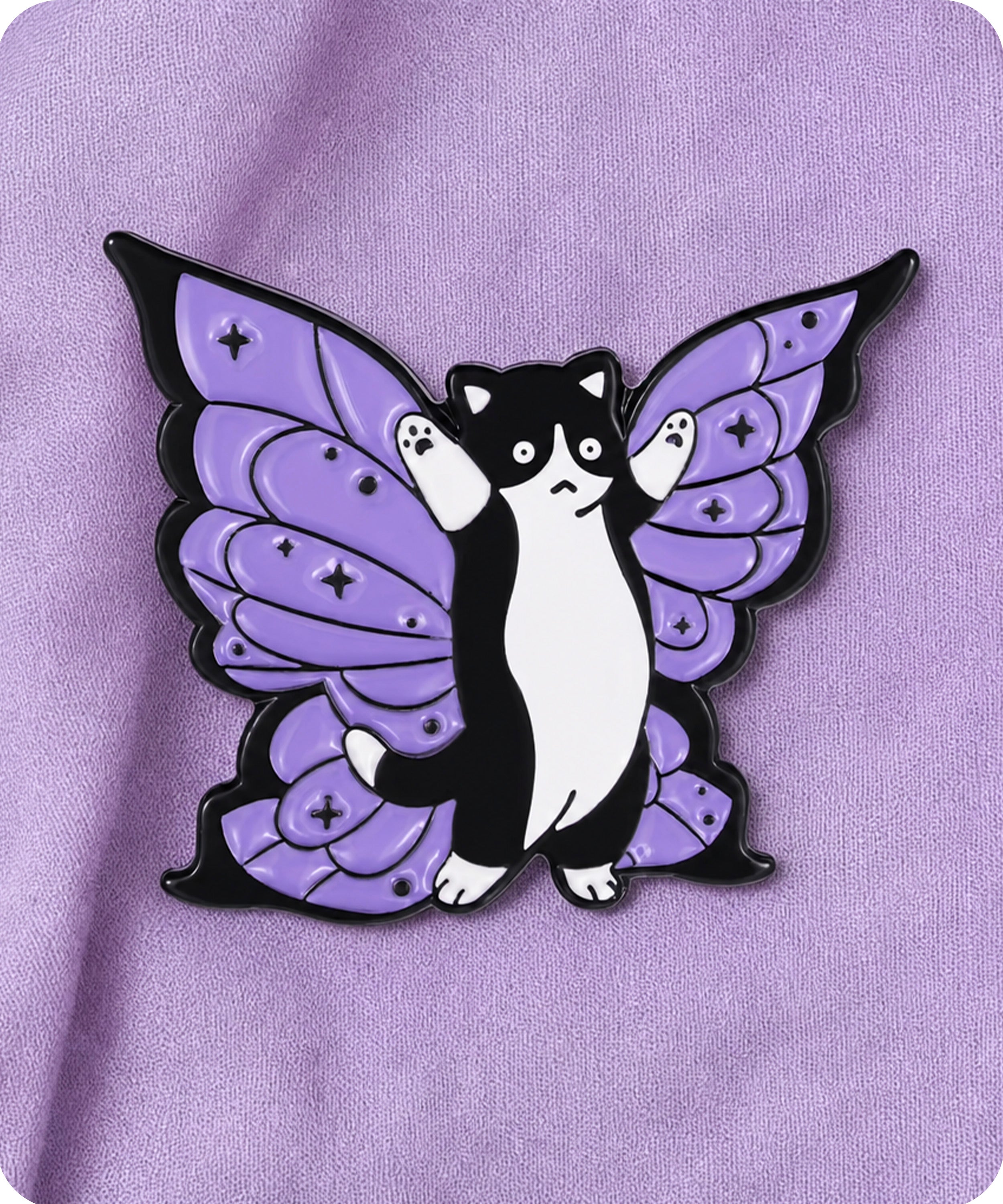 Black and White Butterfly Cat Enamel Lapel Pin Badge