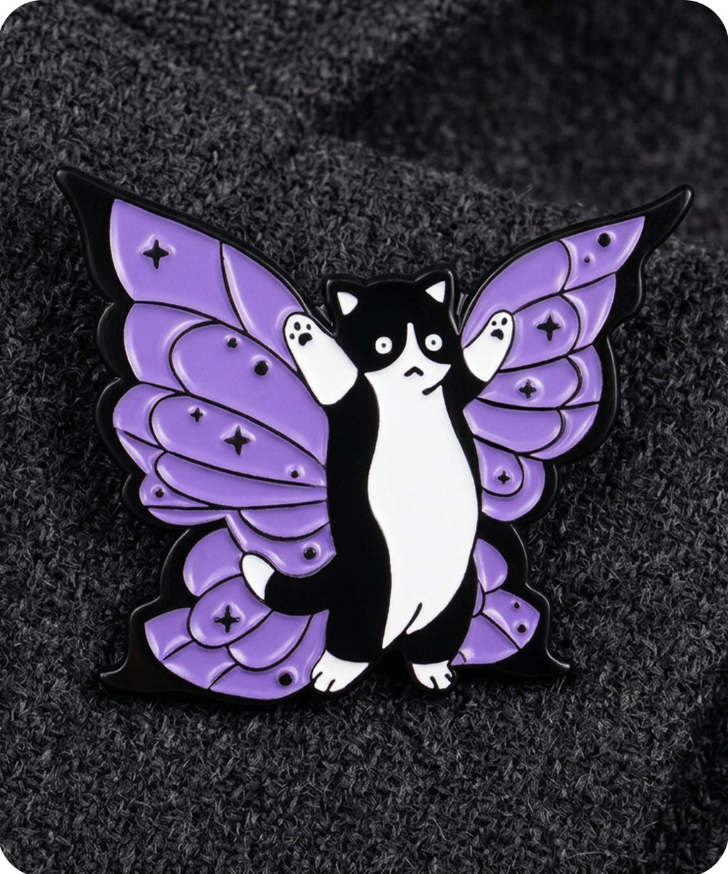 Black and White Butterfly Cat Enamel Lapel Pin Badge