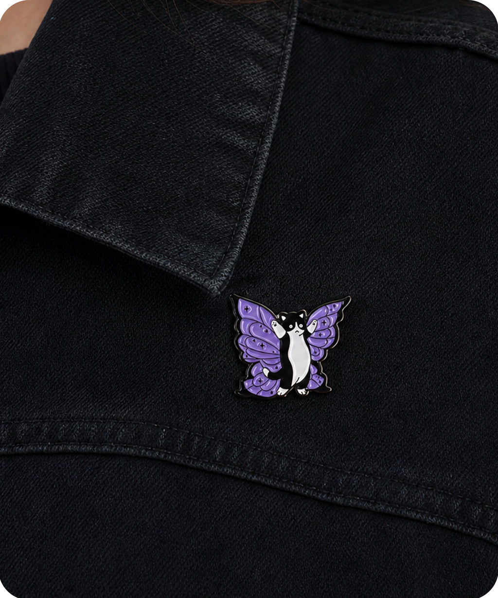 Black and White Butterfly Cat Enamel Lapel Pin Badge