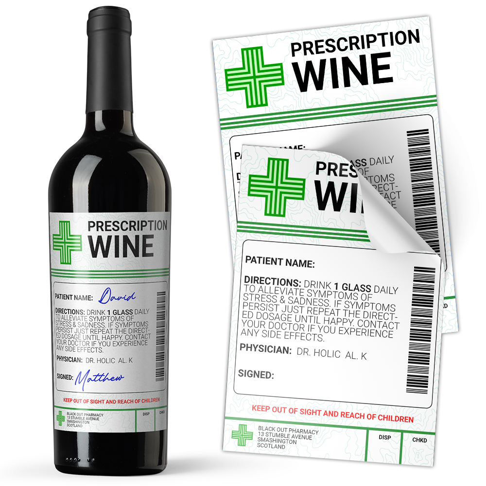A mock-up image showing a wine bottle with a label that resembles a medical prescription, and a close-up of the label with space for a patient name and physician signature. © Tigoli® 2026 All Rights Reserved Panda Loco Ltd 