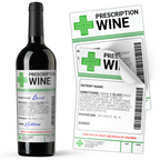 A mock-up image showing a wine bottle with a label that resembles a medical prescription, and a close-up of the label with space for a patient name and physician signature. © Tigoli® 2026 All Rights Reserved Panda Loco Ltd 