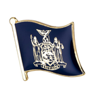 A pin badge featuring the New York flag with a brass plated iron and hard enamel finish, attached to a butterfly clutch.