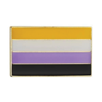 A non-binary rectangle pin badge with yellow, purple, and black horizontal stripes, featuring a brass plated iron and hard enamel finish. © Tigoli® 2026 All Rights Reserved Panda Loco Ltd 