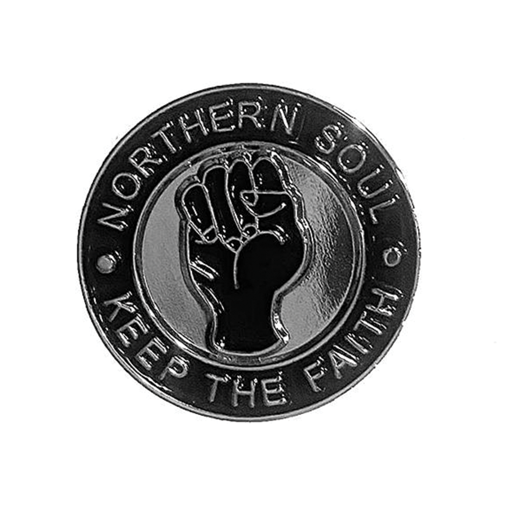A round pin badge with black and white enamel, featuring the text 'NORTHERN SOUL' and a raised fist symbol in the center. © Tigoli® 2026 All Rights Reserved Panda Loco Ltd 