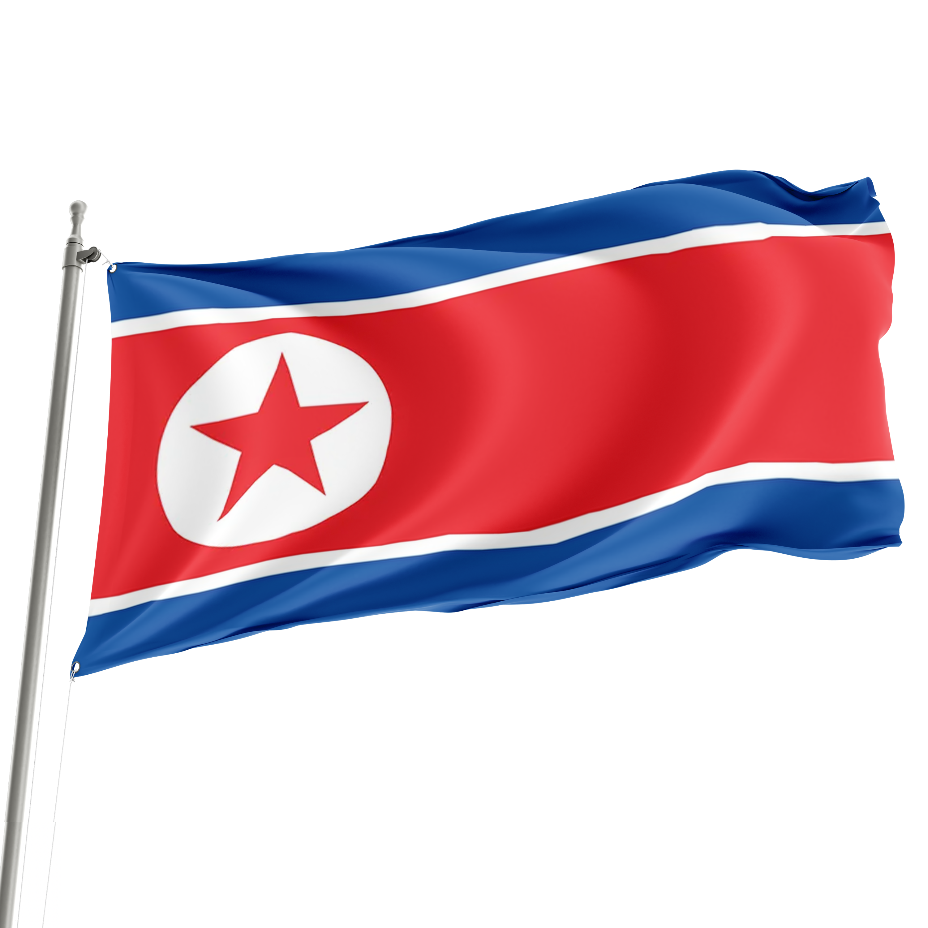 The flag of North Korea, featuring a red and blue stripe with a white star in the center, is shown waving on a flagpole. Imagen principal del producto