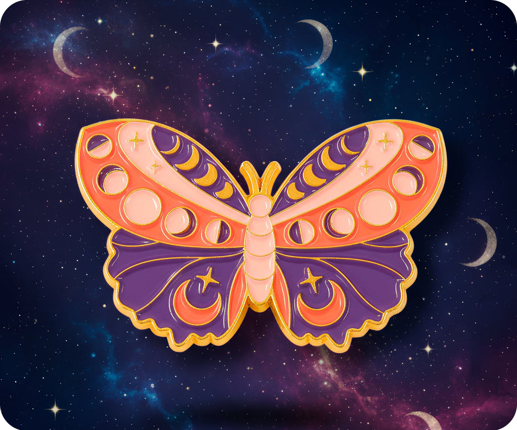Pin espiritual de mariposa mística naranja y morada