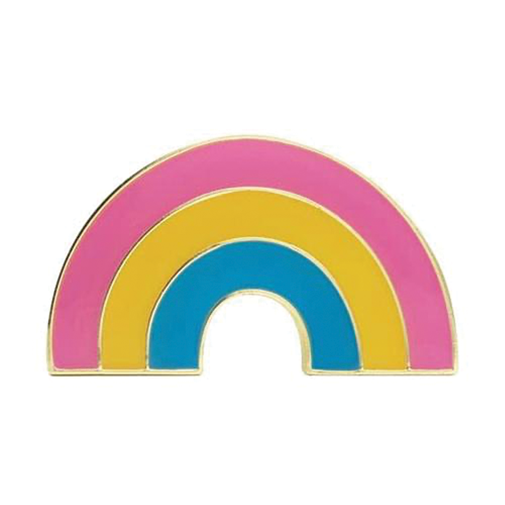 A colorful pin badge shaped like a rainbow flag on a white background. © Tigoli® 2026 All Rights Reserved Panda Loco Ltd 