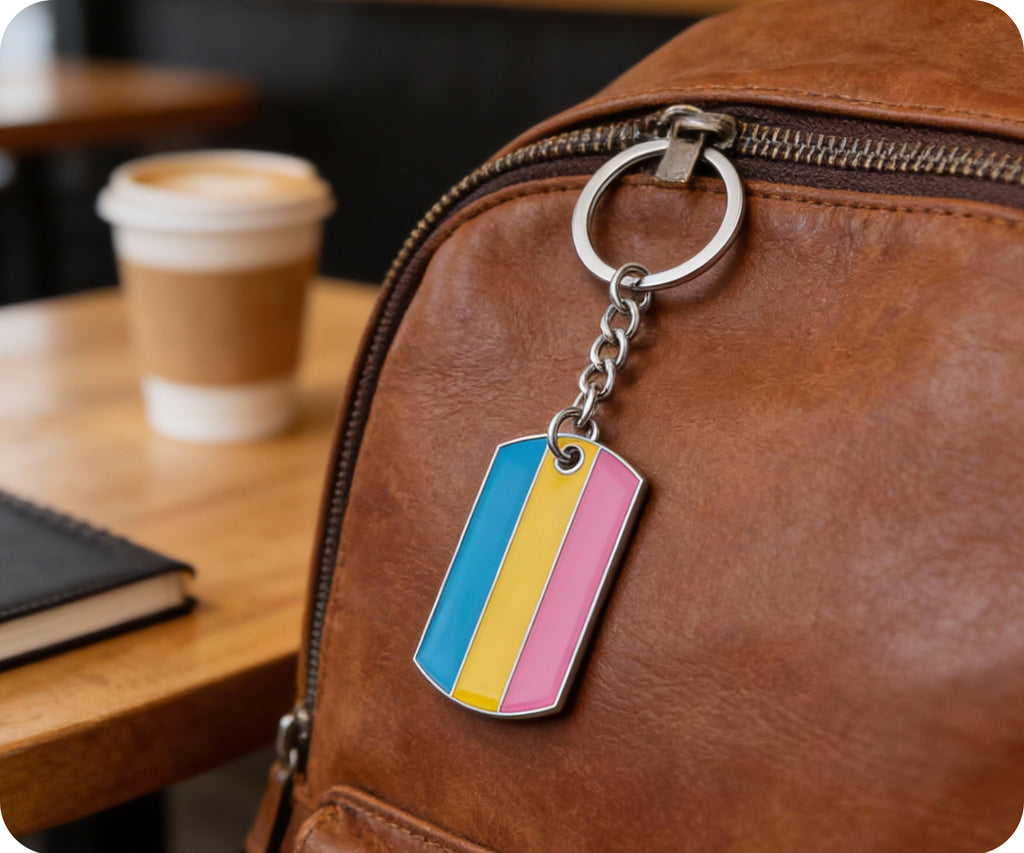 Progress Pride LGBTQI+ Flag Dog Tag Keyring | Metal Enamel