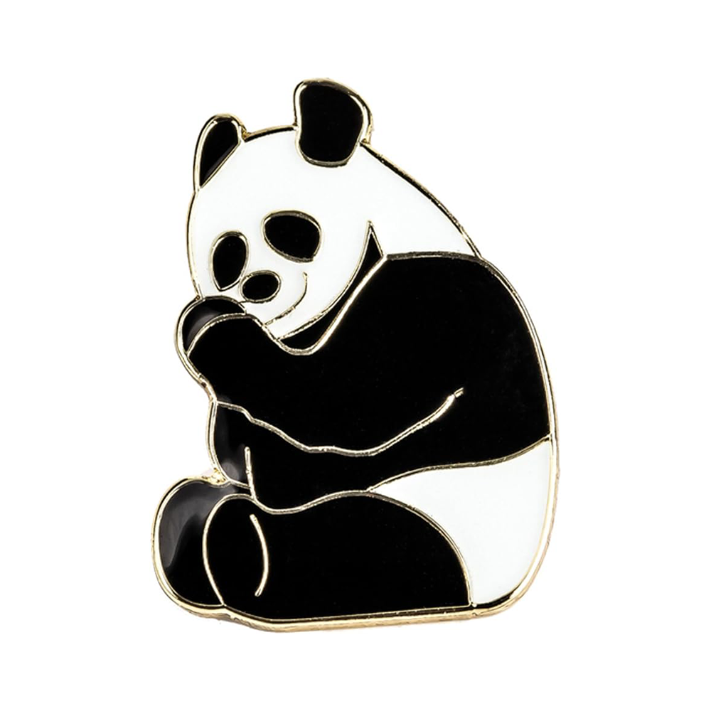 A pin badge featuring a black and white panda bear sitting and hugging its knee.