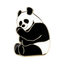 A pin badge featuring a black and white panda bear sitting and hugging its knee.