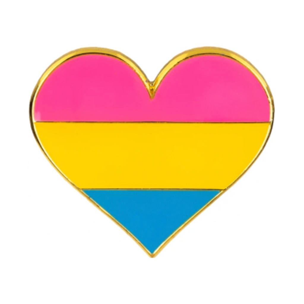 A heart-shaped pin badge with horizontal stripes in pink, yellow, and blue, representing the pansexual flag.