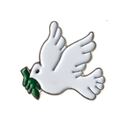 A pin badge featuring a white dove with wings extended, with a green olive branch in its beak. © Tigoli® 2026 All Rights Reserved Panda Loco Ltd 