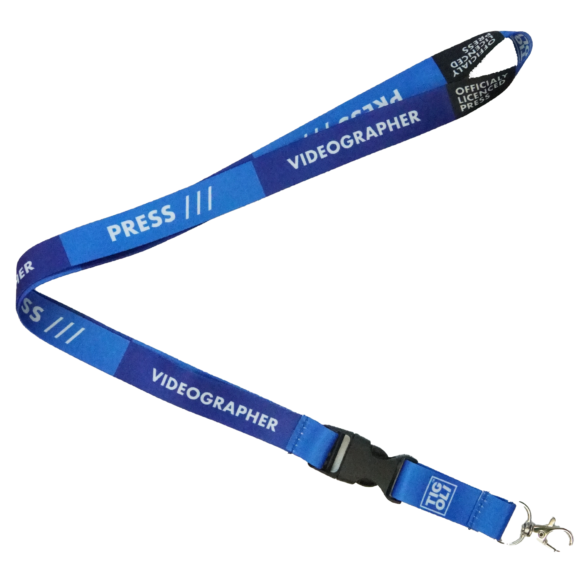 A collection of blue press lanyards with various job role texts printed on them, including 'PRESS', 'PHOTOGRAPHER', 'STAFF', and 'REPORTER'. They feature a black plastic buckle and are detachable.