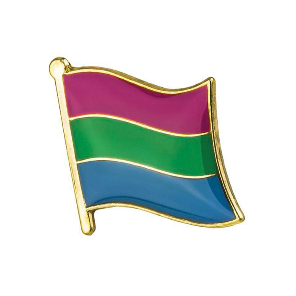 A polysexual flag-themed pin badge with a metal butterfly clutch, featuring bands of color in purple, pink, green, and blue. © Tigoli® 2026 All Rights Reserved Panda Loco Ltd  Imagen principal del producto