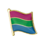 A polysexual flag-themed pin badge with a metal butterfly clutch, featuring bands of color in purple, pink, green, and blue. © Tigoli® 2026 All Rights Reserved Panda Loco Ltd 