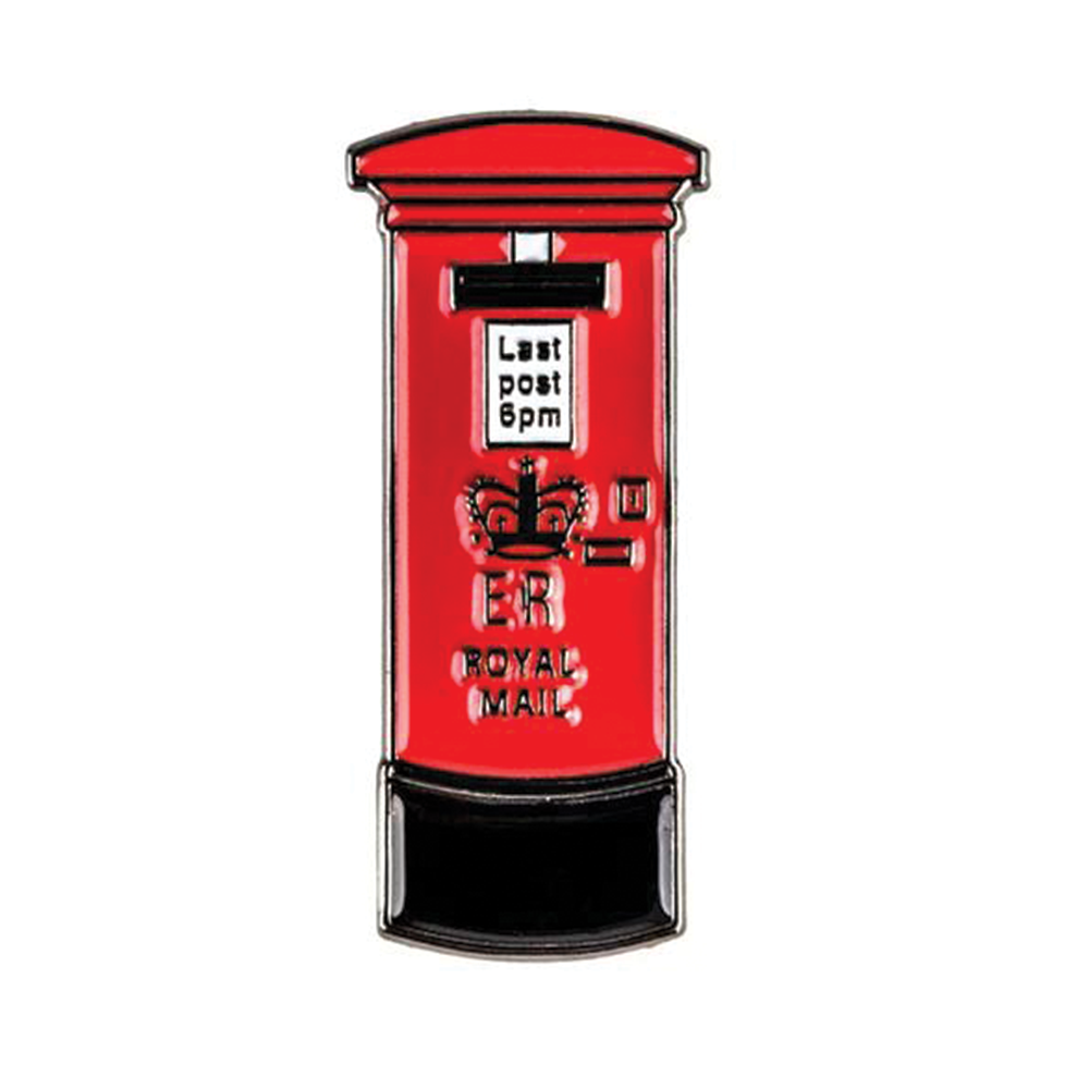 A red post letter box pin badge with white and black details. © Tigoli® 2026 All Rights Reserved Panda Loco Ltd  Imagen principal del producto