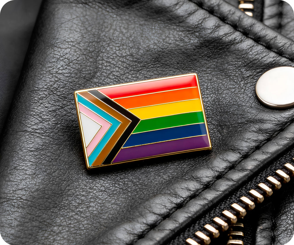Insignia de pin rectangular con el mensaje "Progreso y orgullo"