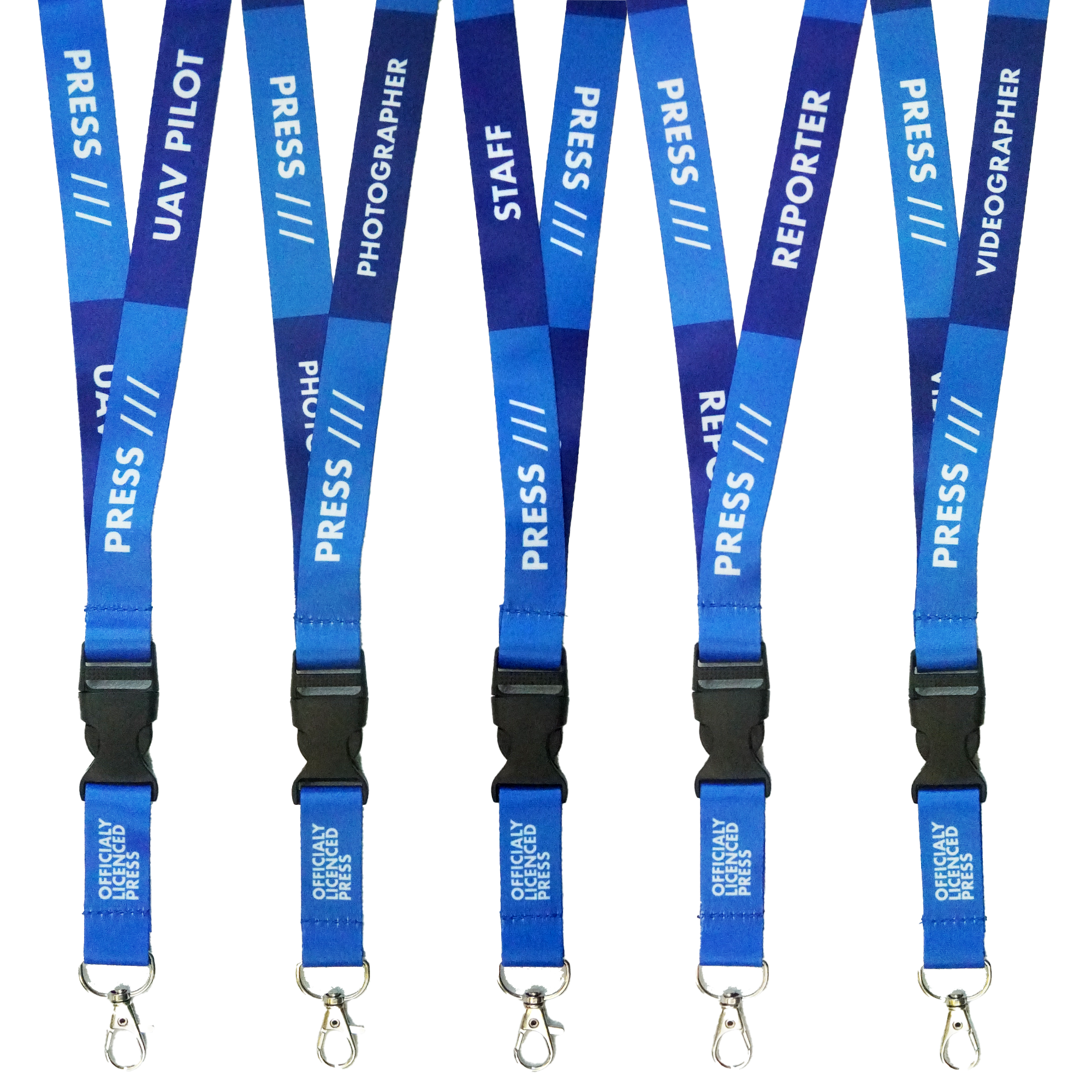 A collection of blue press lanyards with various job role texts printed on them, including 'PRESS', 'PHOTOGRAPHER', 'STAFF', and 'REPORTER'. They feature a black plastic buckle and are detachable. Main image