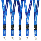 A collection of blue press lanyards with various job role texts printed on them, including 'PRESS', 'PHOTOGRAPHER', 'STAFF', and 'REPORTER'. They feature a black plastic buckle and are detachable.