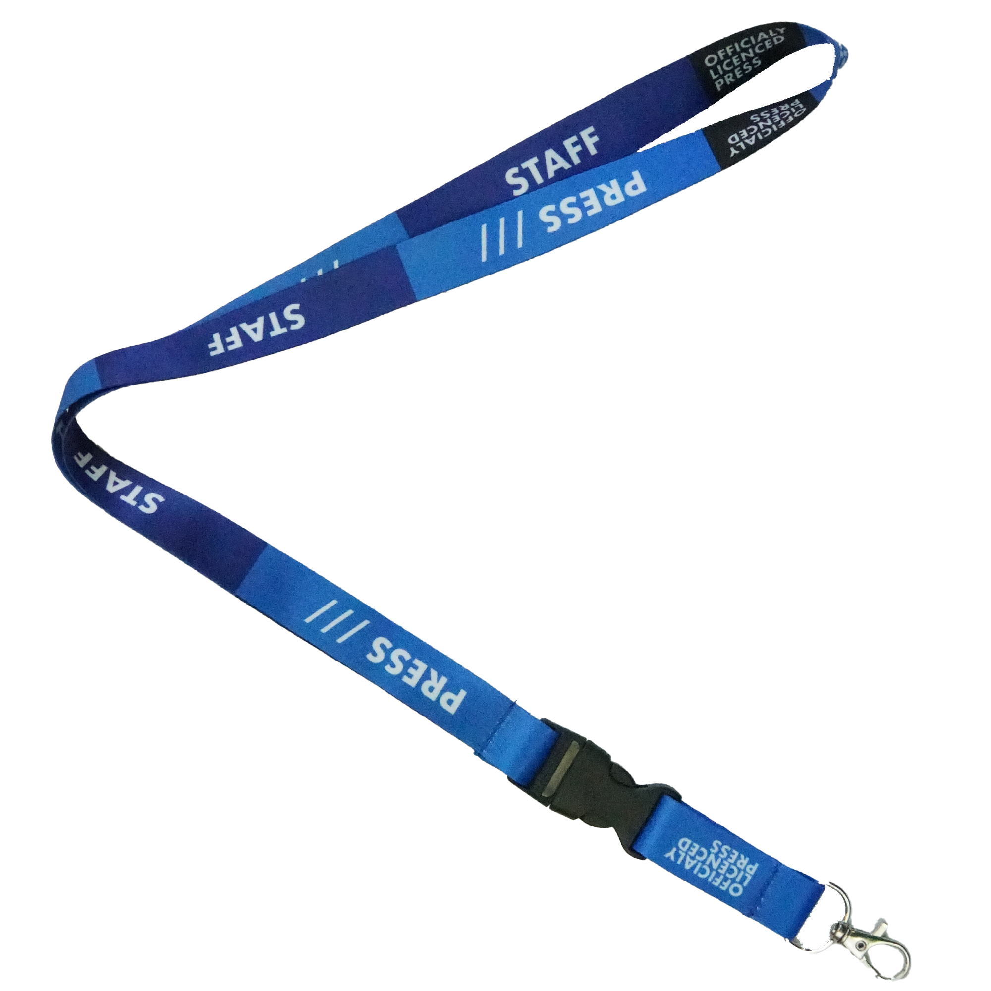 A collection of blue press lanyards with various job role texts printed on them, including 'PRESS', 'PHOTOGRAPHER', 'STAFF', and 'REPORTER'. They feature a black plastic buckle and are detachable.