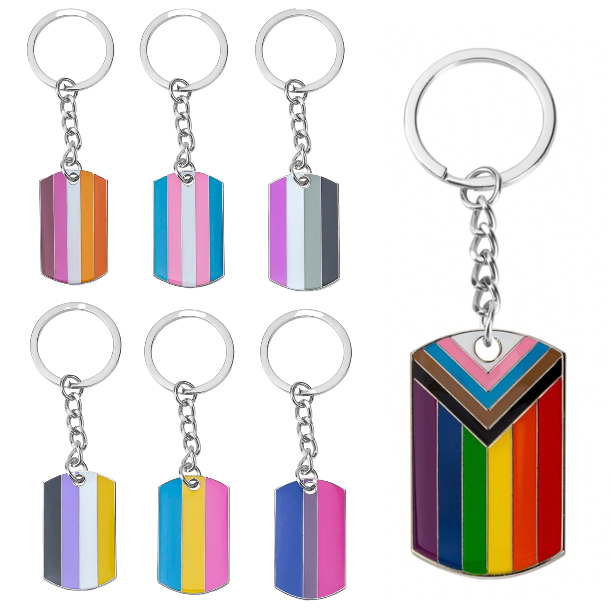 A collection of metal enamel keyrings with various colorful designs, featuring the Pride flag and other related symbols. Main image