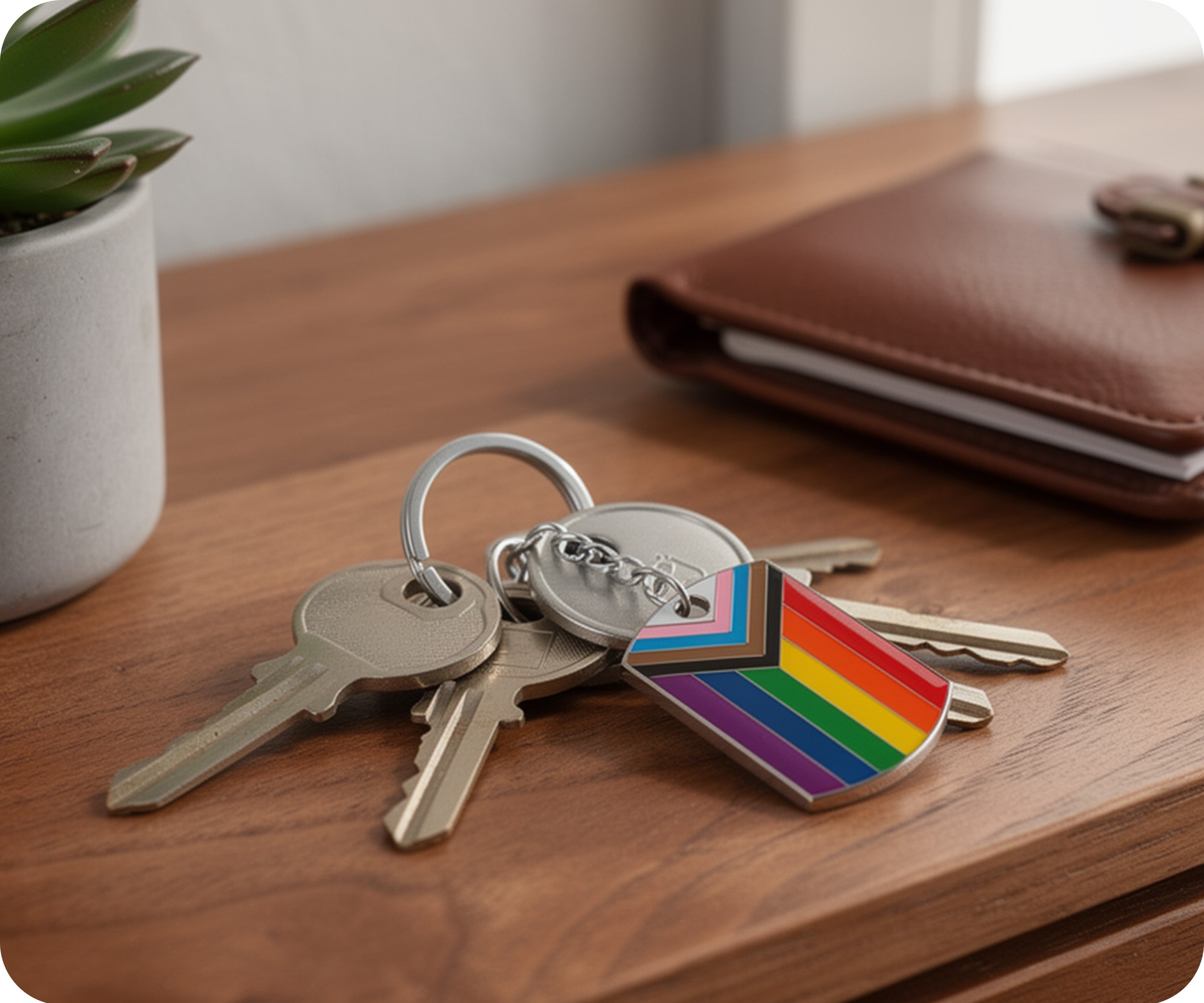 Progress Pride LGBTQI+ Flag Dog Tag Keyring | Metal Enamel