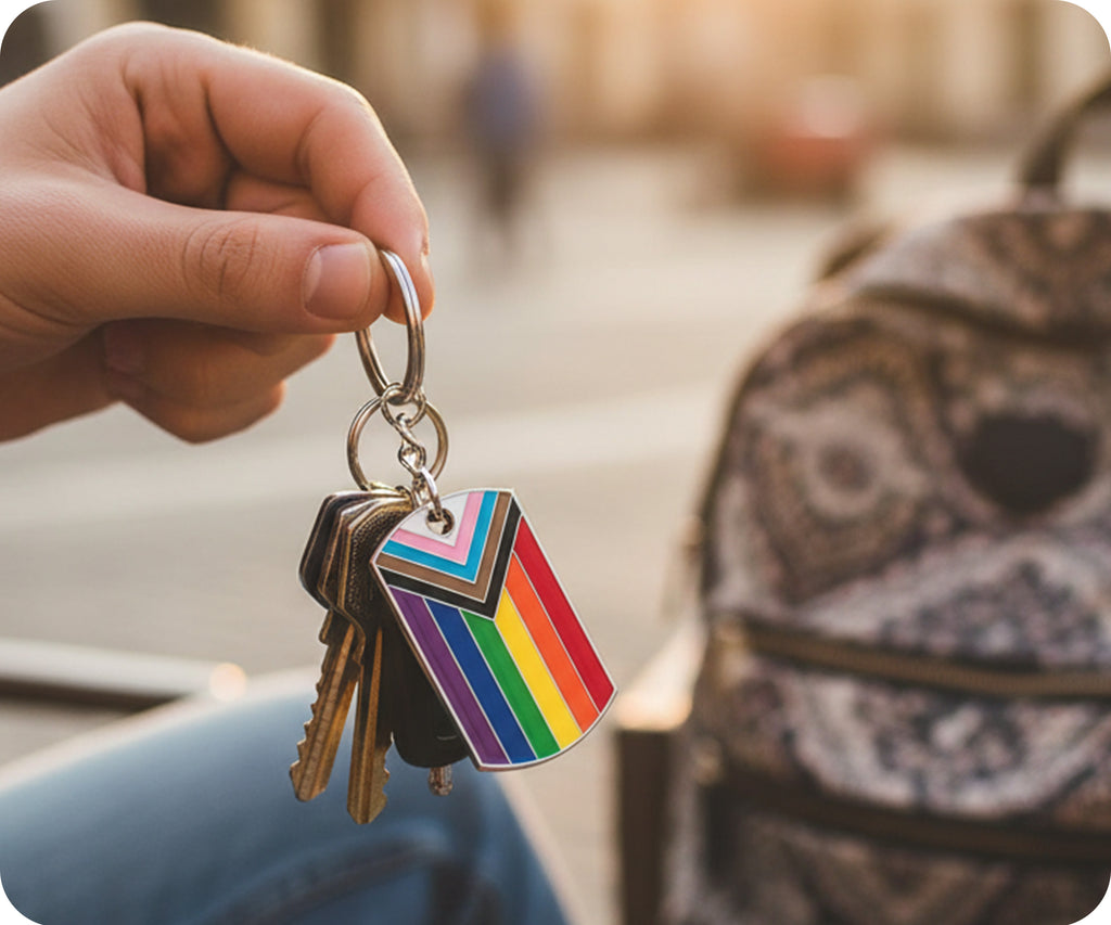 Progress Pride LGBTQI+ Flag Dog Tag Keyring | Metal Enamel