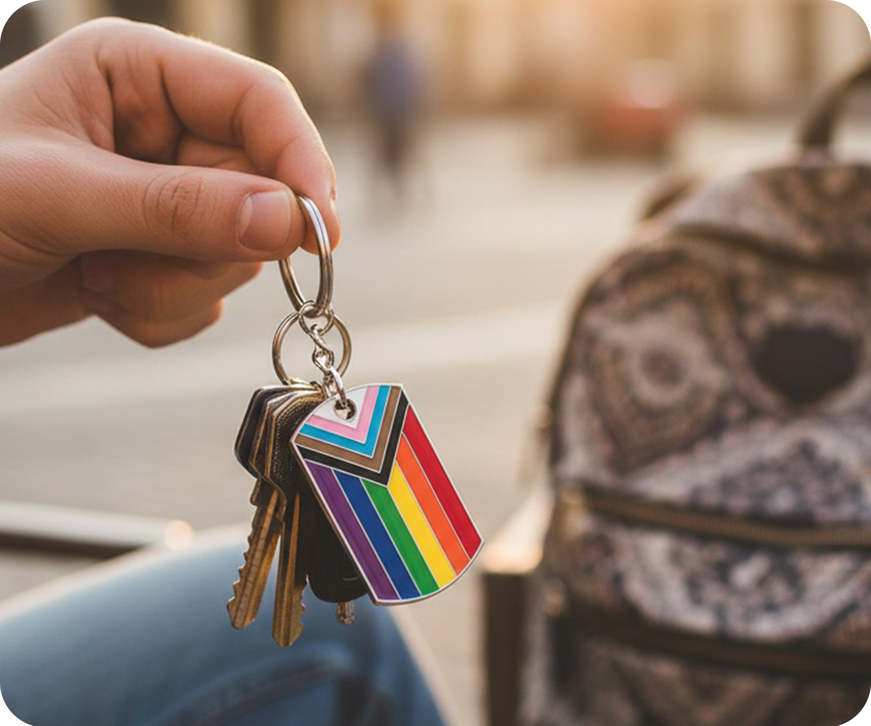 Progress Pride LGBTQI+ Flag Dog Tag Keyring | Metal Enamel