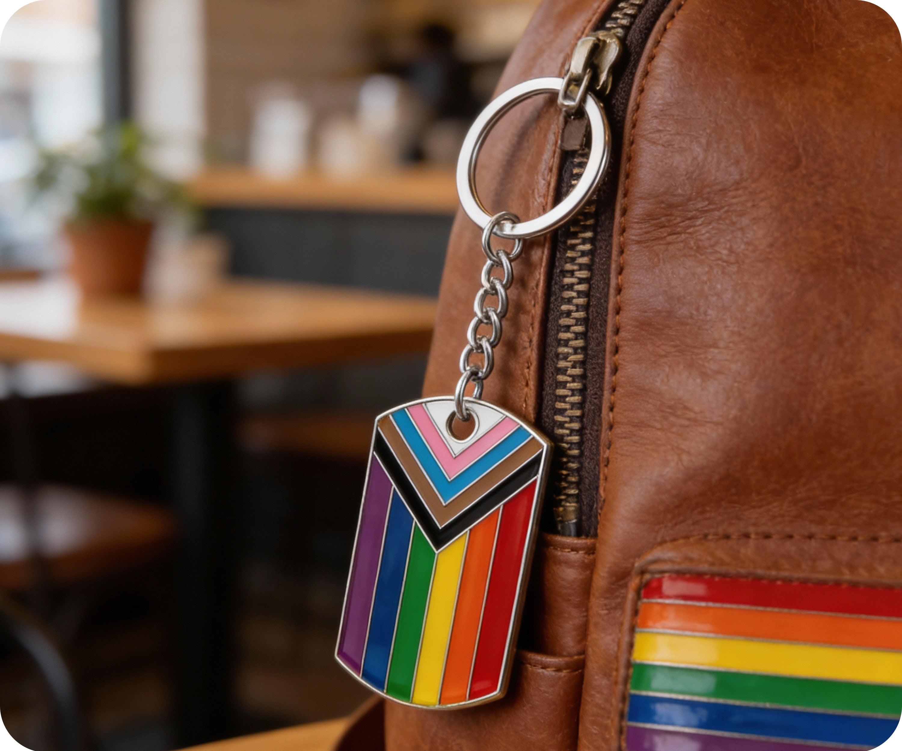 Progress Pride LGBTQI+ Flag Dog Tag Keyring | Metal Enamel