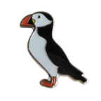 A pin badge depicting a puffin bird with black, white, and multicolor detailing on a metal backing. © Tigoli® 2026 All Rights Reserved Panda Loco Ltd 