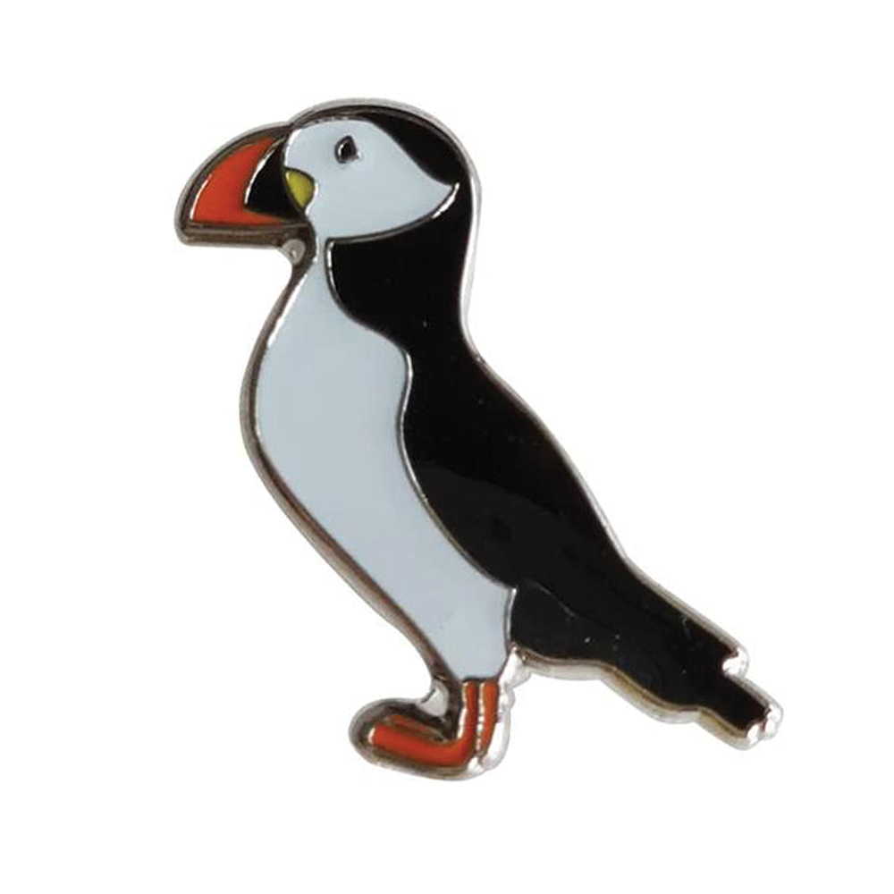 A pin badge depicting a puffin bird with black, white, and multicolor detailing on a metal backing. © Tigoli® 2026 All Rights Reserved Panda Loco Ltd 