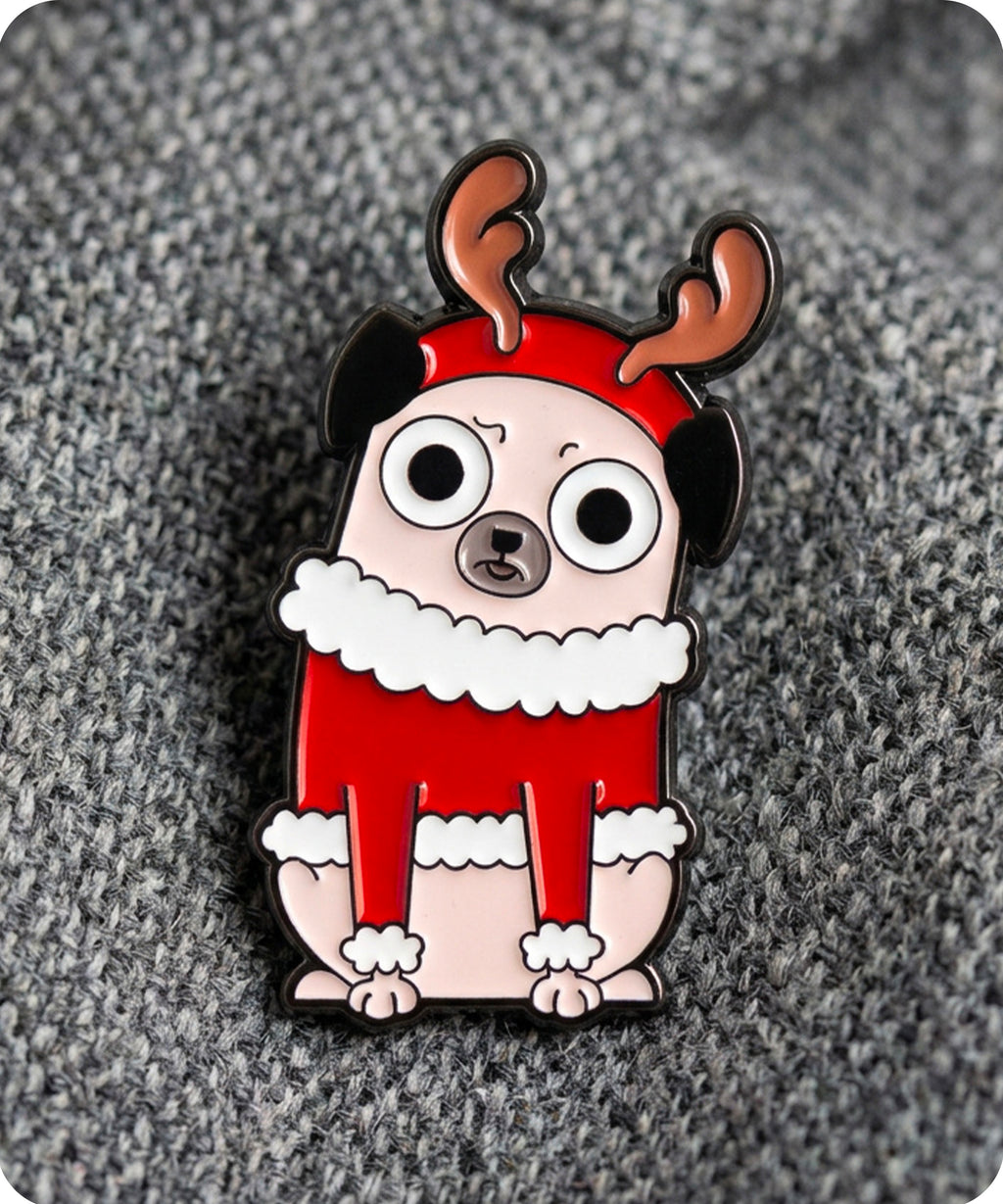 Christmas Pug Reindeer Enamel Lapel Pin Badge