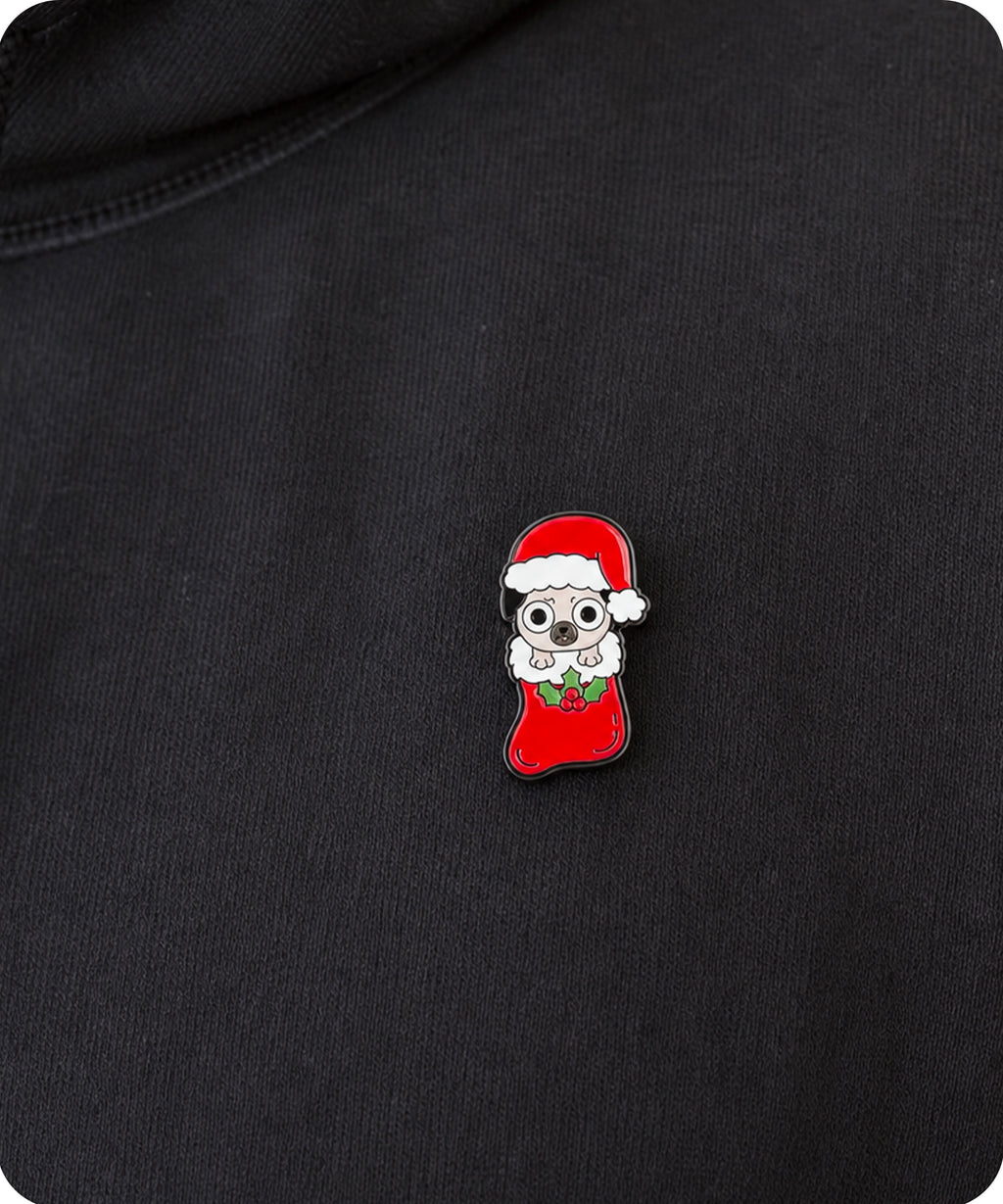 Christmas Pug Stocking Enamel Lapel Pin Badge