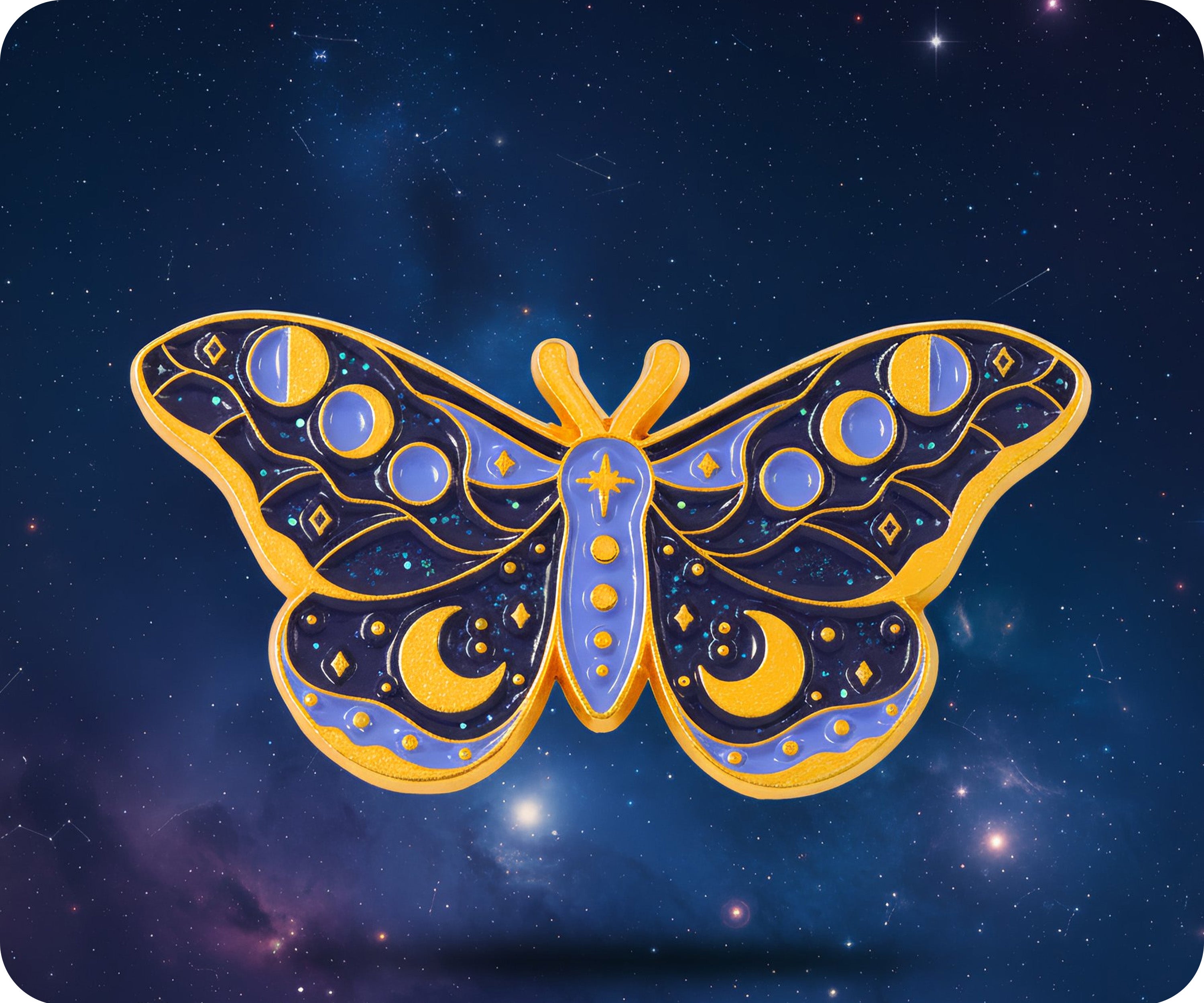 Insignia de alfiler espiritual de mariposa mística con purpurina morada