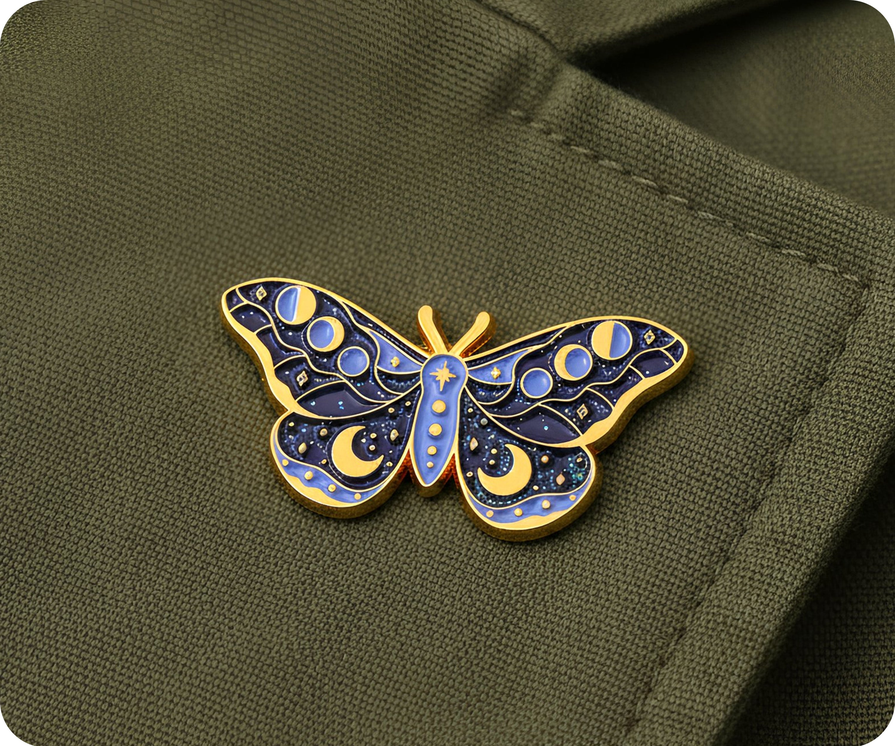 Insignia de alfiler espiritual de mariposa mística con purpurina morada