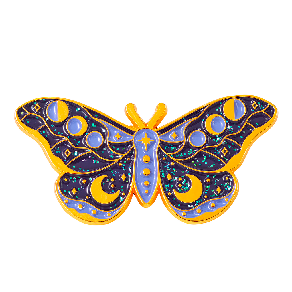 Insignia de alfiler espiritual de mariposa mística con purpurina morada