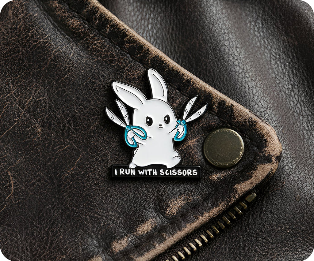 Bunny Rabbit I Run With Scissors Pin Badge
