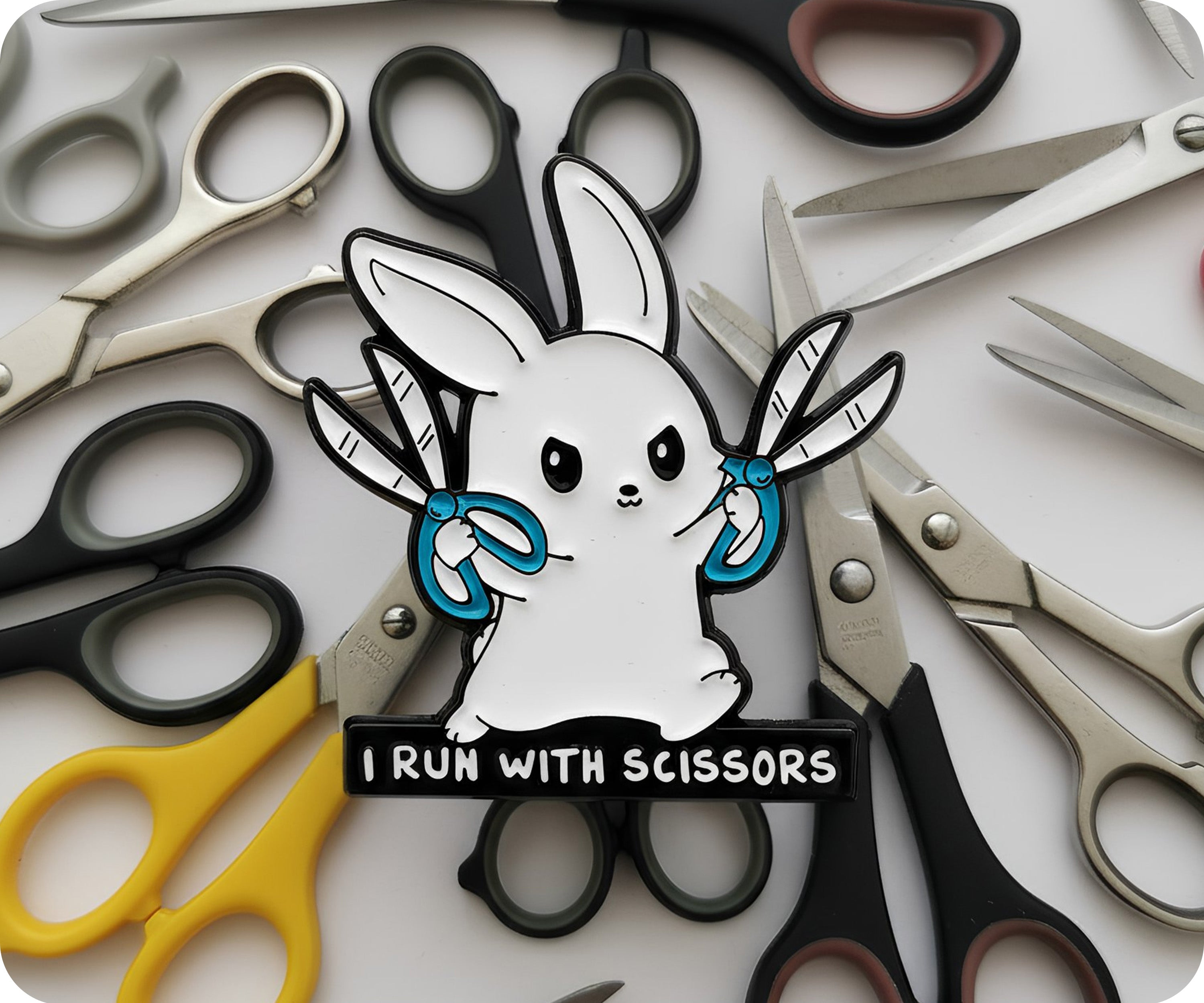 Bunny Rabbit I Run With Scissors Pin Badge