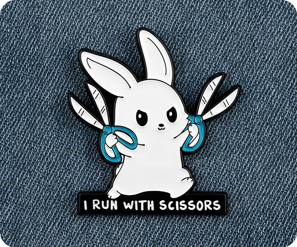 Bunny Rabbit I Run With Scissors Pin Badge
