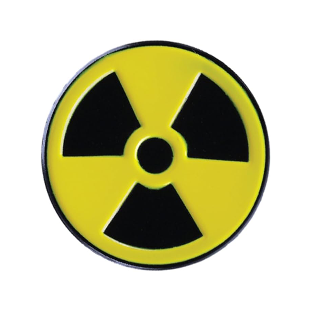 A round pin badge with a yellow and black radioactive symbol design.