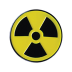 A round pin badge with a yellow and black radioactive symbol design.