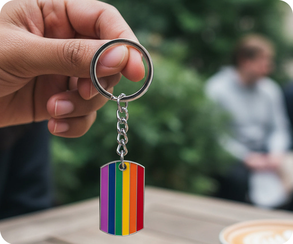 Progress Pride LGBTQI+ Flag Dog Tag Keyring | Metal Enamel