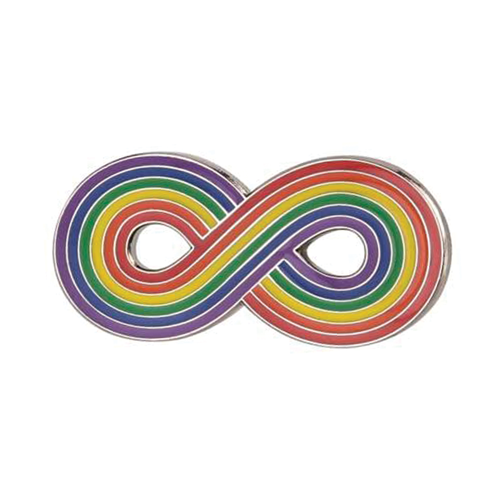 A pin badge with a rainbow infinity '8' symbol design, featuring multiple colors. © Tigoli® 2026 All Rights Reserved Panda Loco Ltd 
