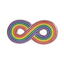 A pin badge with a rainbow infinity '8' symbol design, featuring multiple colors. © Tigoli® 2026 All Rights Reserved Panda Loco Ltd 