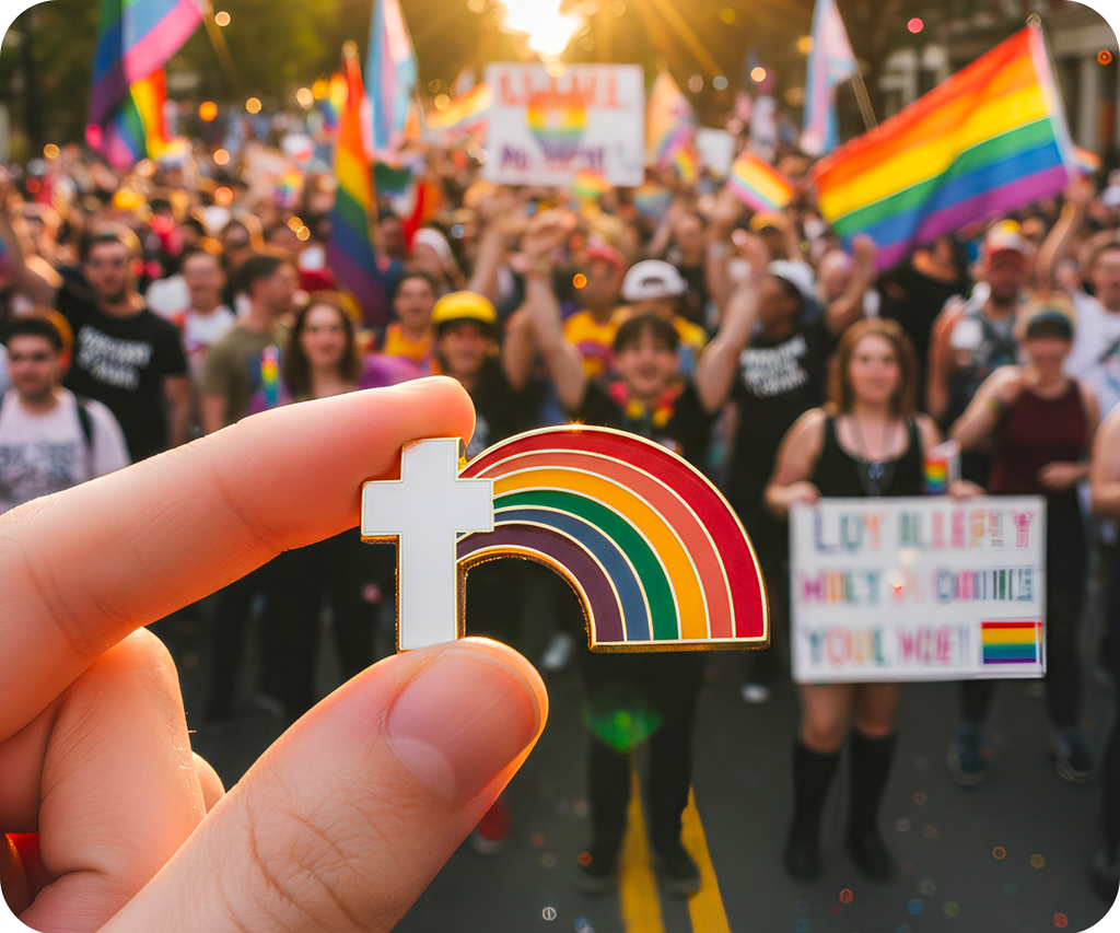 Pin con cruz cristiana de arcoíris