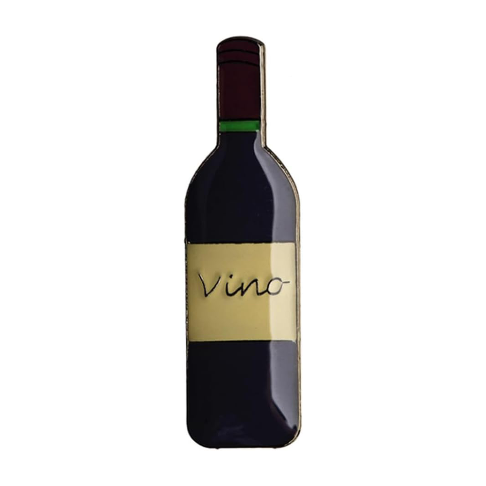 A pin badge depicting a stylized representation of a red wine bottle with the word 'Vino' on the label. Imagen principal del producto