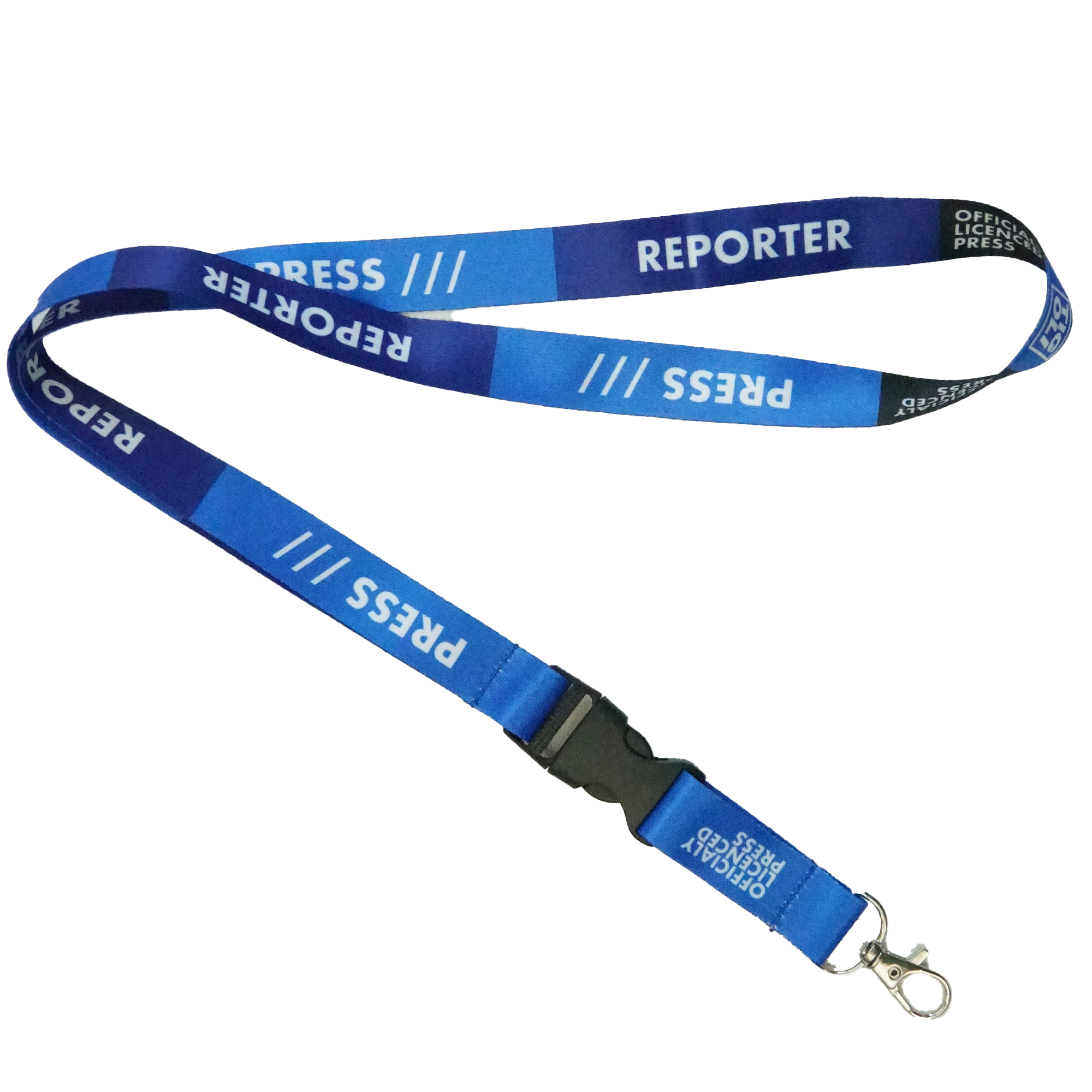 A collection of blue press lanyards with various job role texts printed on them, including 'PRESS', 'PHOTOGRAPHER', 'STAFF', and 'REPORTER'. They feature a black plastic buckle and are detachable.
