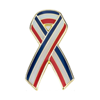 A red, white, and blue ribbon-shaped pin badge with a brass plated iron and hard enamel finish.