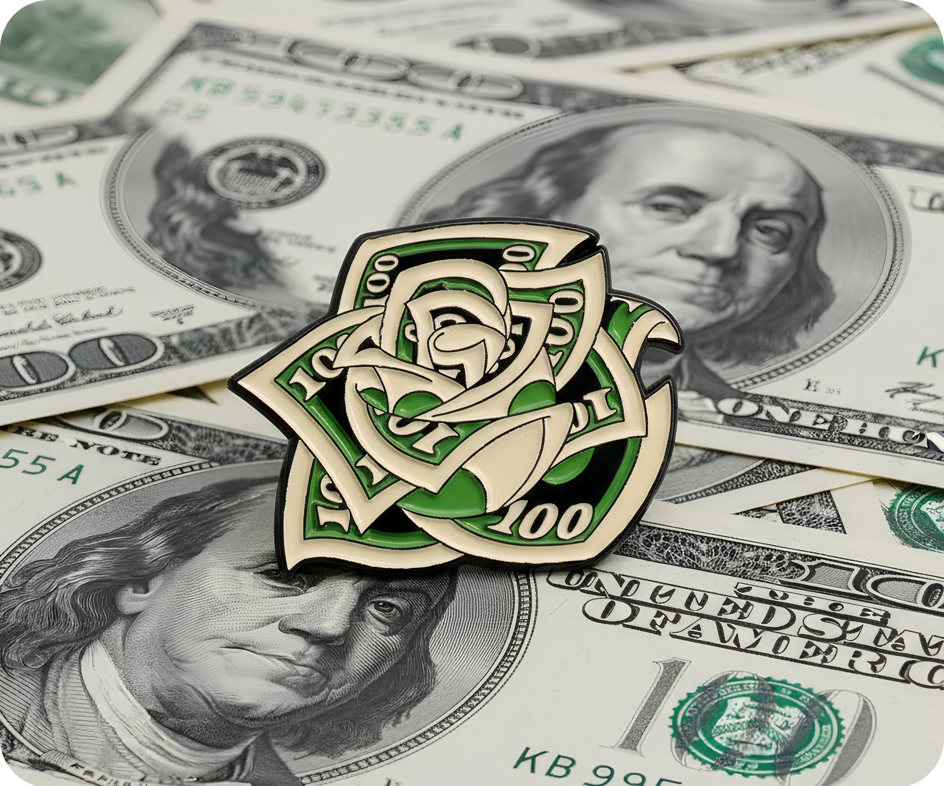 $100 Dollar Rose Flower Pin Badge